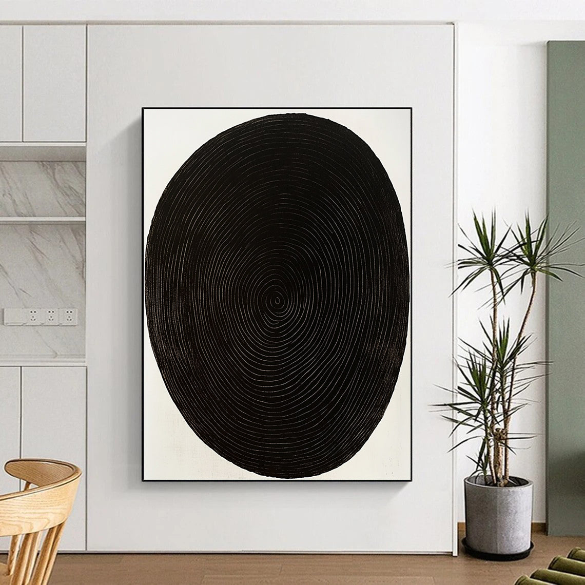 Black Oval with White Rings Abstract Painting on White Background GER021