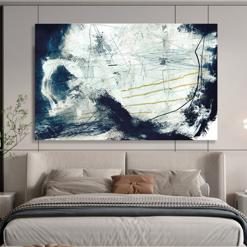 Blue and White Textured Abstract Painting with Yellow Accents THY141