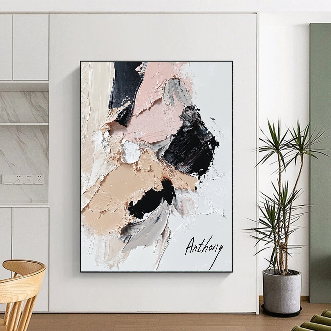 Large abstract painting featuring an anthropomorphic cat in black and beige with pink accents thick impasto style on white background.STSC257