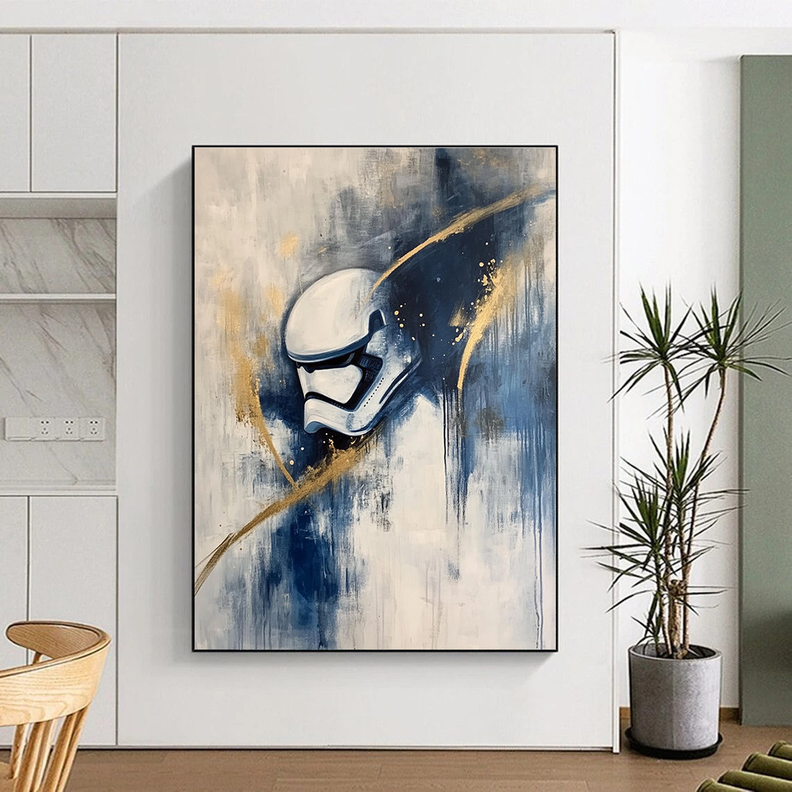 Abstract painting of a stormtrooper in action featuring white and blue tones with gold highlights in an Abstract Expressionism style on canvas.STSC667