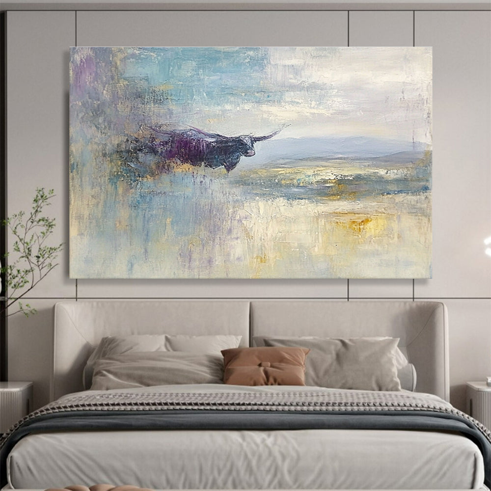 Large abstract painting depicting a flying cow over the English Lake District with a vast sky in shades of blue grey lavender cream and pale yellow.SC485