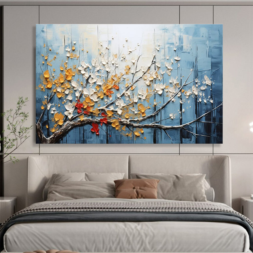 Textured Tree Abstract Painting with Blue, White, and Yellow Tones THY160