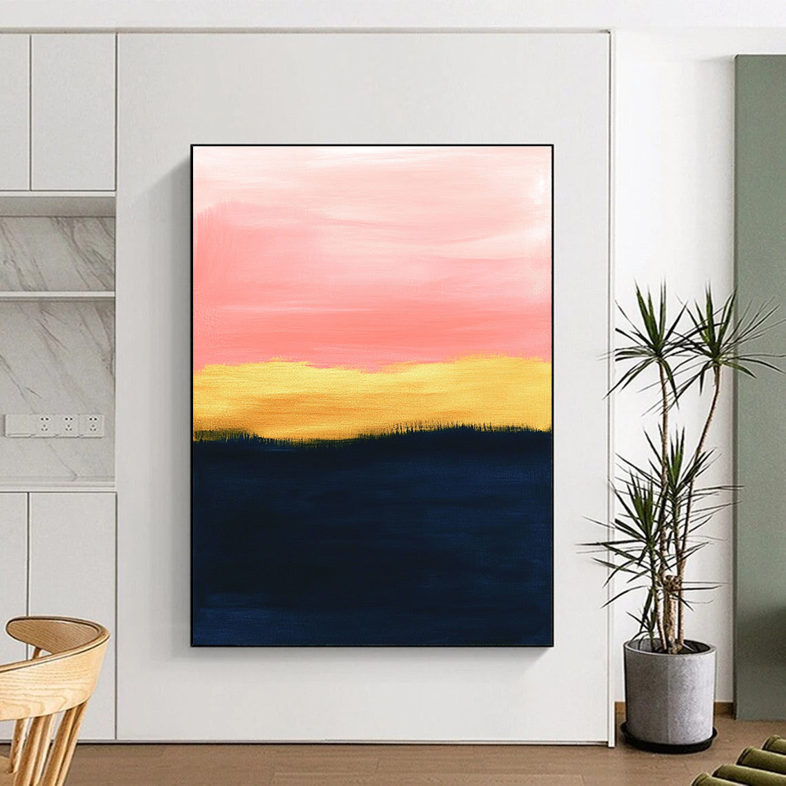 Large abstract painting with a pink sky navy blue ground and golden brown grass featuring soft pastel colors and minimalist design in oil on canvas.STSC1345