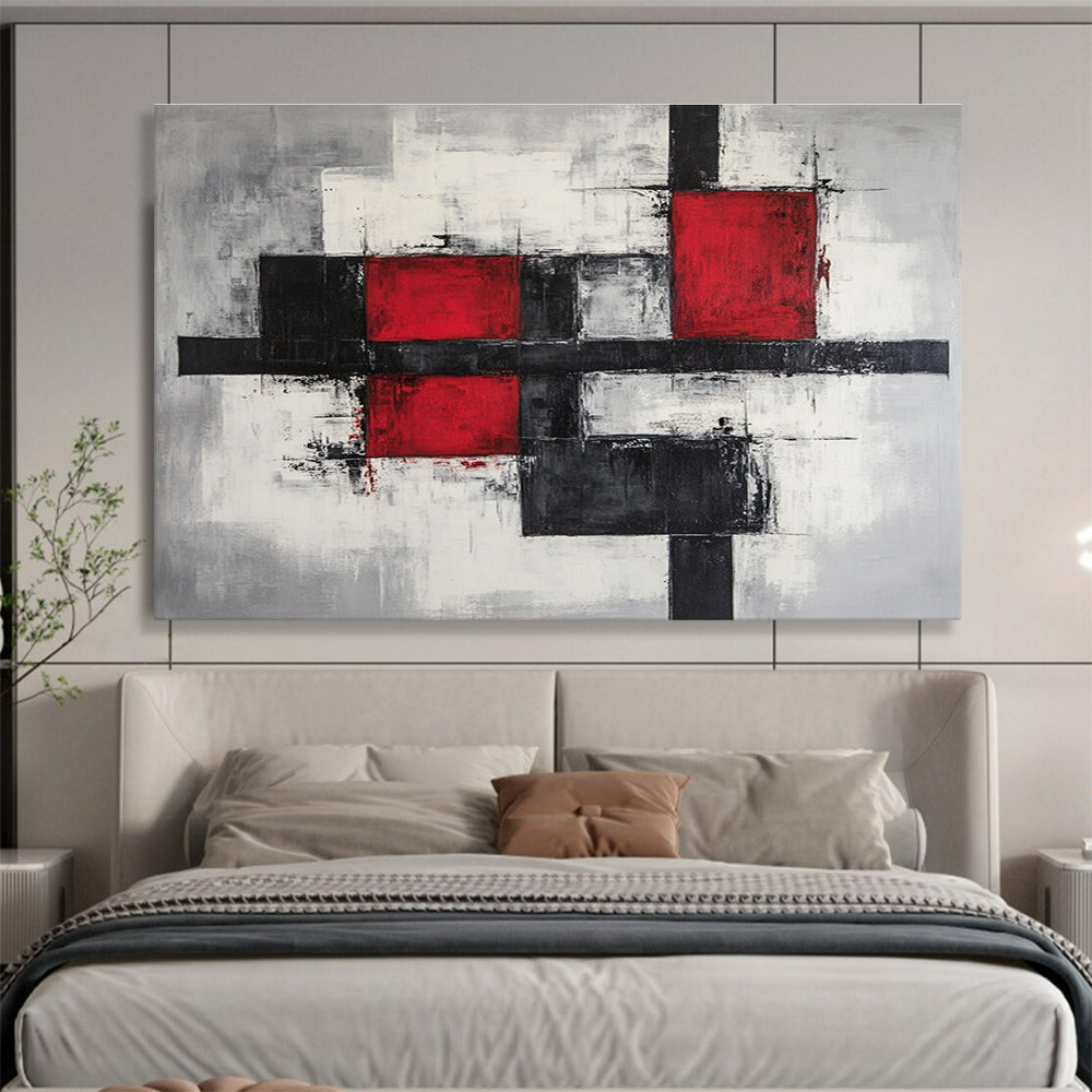 Large abstract painting features gray and red blocks with black lines on a gray background showcasing modern art style in high resolution.SC238