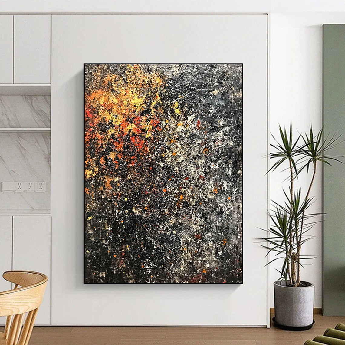 Abstract painting with dark colors and rusted metal featuring flowers and foliage on a textured background in vintage oil on canvas.STSC625