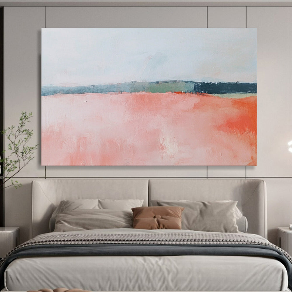 Large abstract painting featuring soft pink and coral fields, a muted sky, and gentle blue, green, and gray brushstrokes.SC055