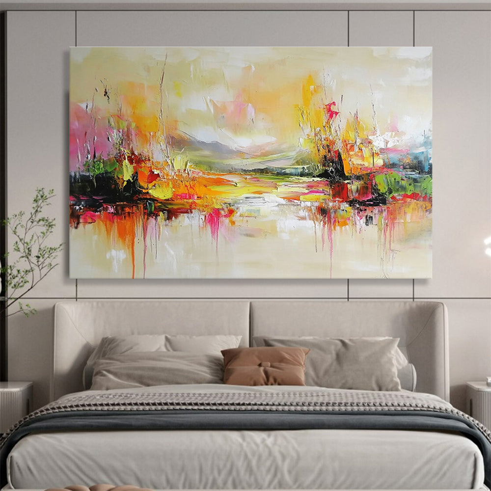 Large abstract painting featuring colorful landscape soft tones and intricate layers creating a dreamy tranquil ambiance that reflects nature.SC138