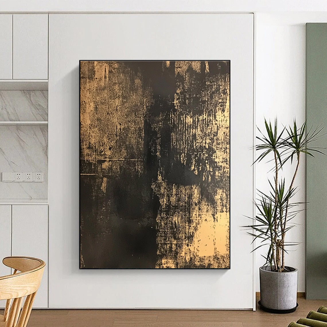 Abstract painting in black and gold on distressed dark brown canvas showcasing intricate details and subtle patterns reminiscent of traditional Chinese art.STSC855