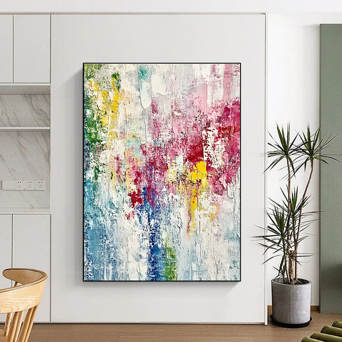 Large abstract painting on textured canvas with vibrant spring colors and thick brush strokes creating an impressionistic feel of growth and vitality.STSC721