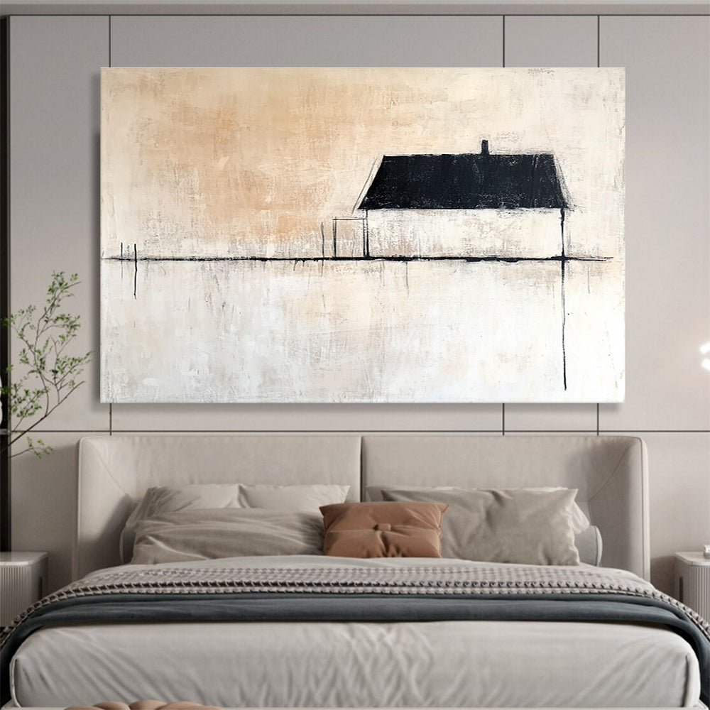 Large abstract painting featuring neutral tones with a single black line beside an old house and expansive white space. Minimalist style enhances tranquility.SC145