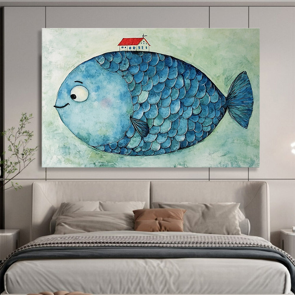 A large abstract blue fish with ripple-like scales and a small red house on its head against a light green textured background.SC478