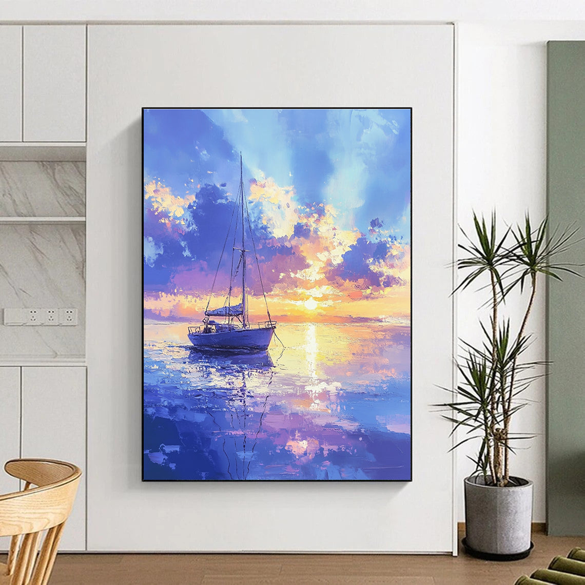 An abstract painting showcasing a beautiful sailboat on a calm sea with pastel hues under a gentle golden hour sky.STSC899
