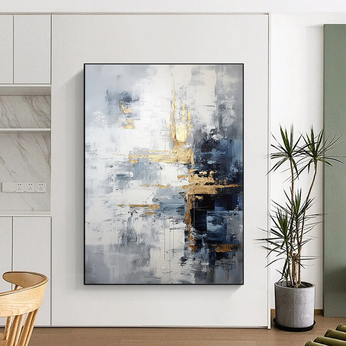 Gray - Gold Abstract Composition Painting with Dynamic Brushstrokes ADGE453