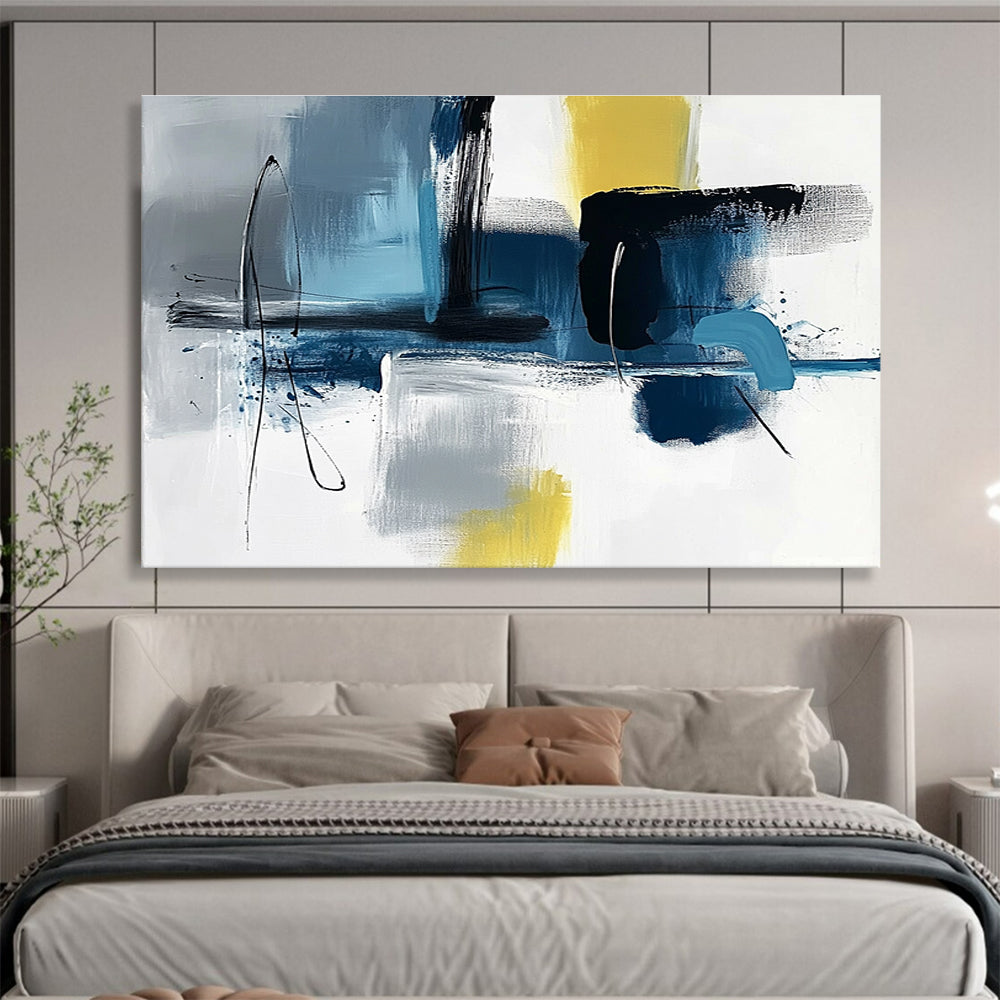 Blue Grey and Yellow Abstract Painting with Dynamic Brushstrokes DYP194