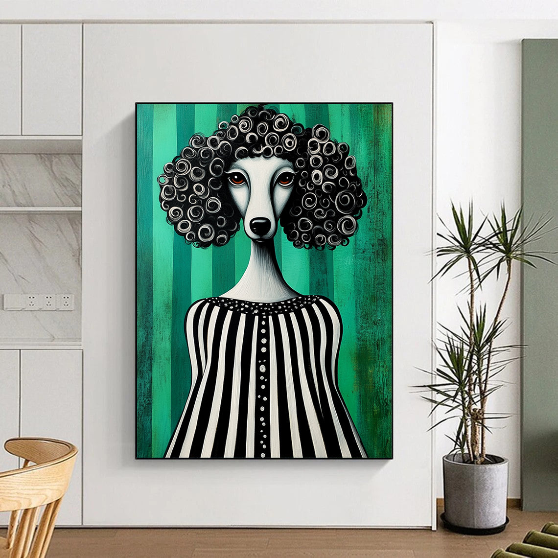 A whimsical folk art painting featuring a poodle in a black and white striped dress against a vibrant green background.STSC1001