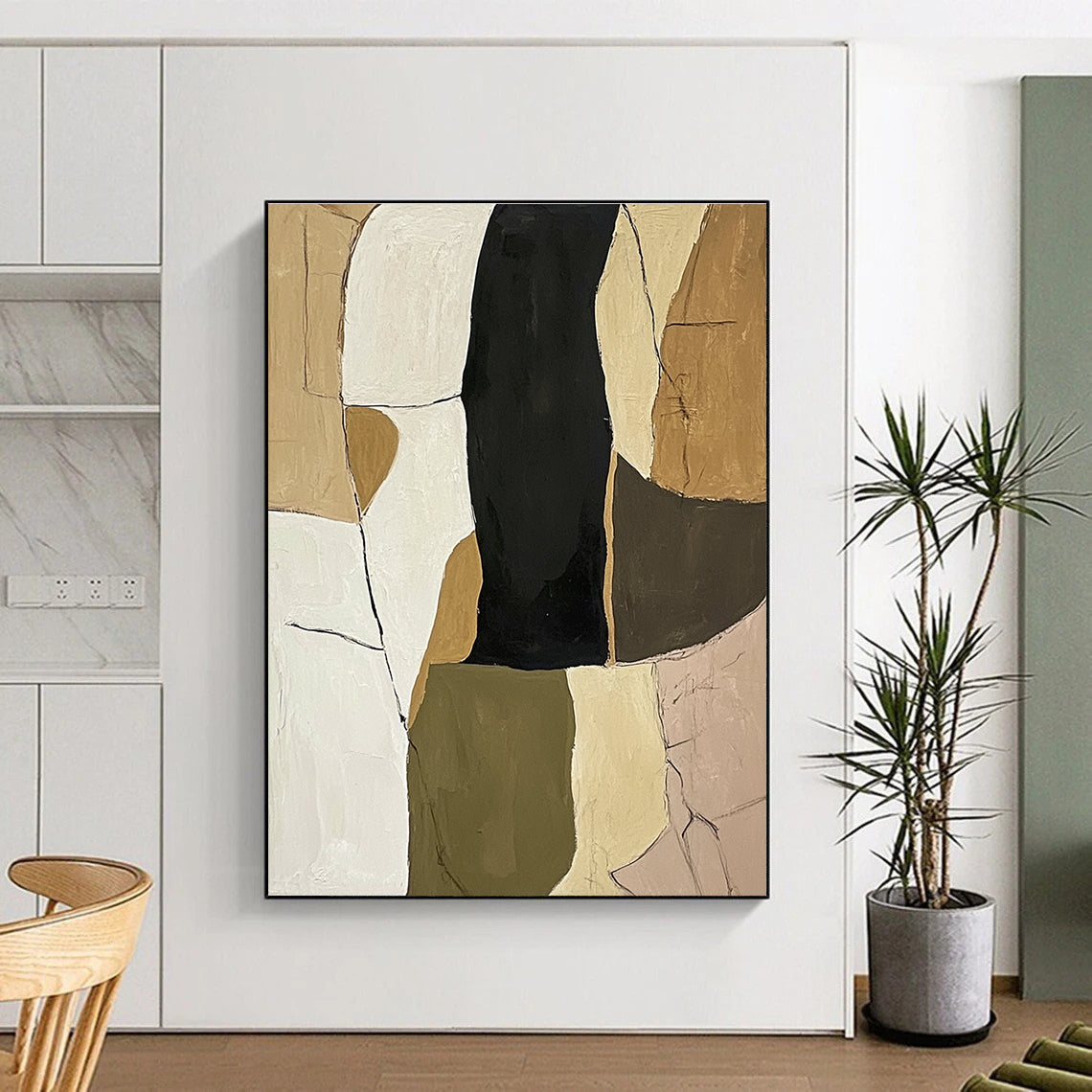 Large abstract painting in neutral tones of olive green beige and black on white background featuring organic shapes and textured lines for depth.STSC781
