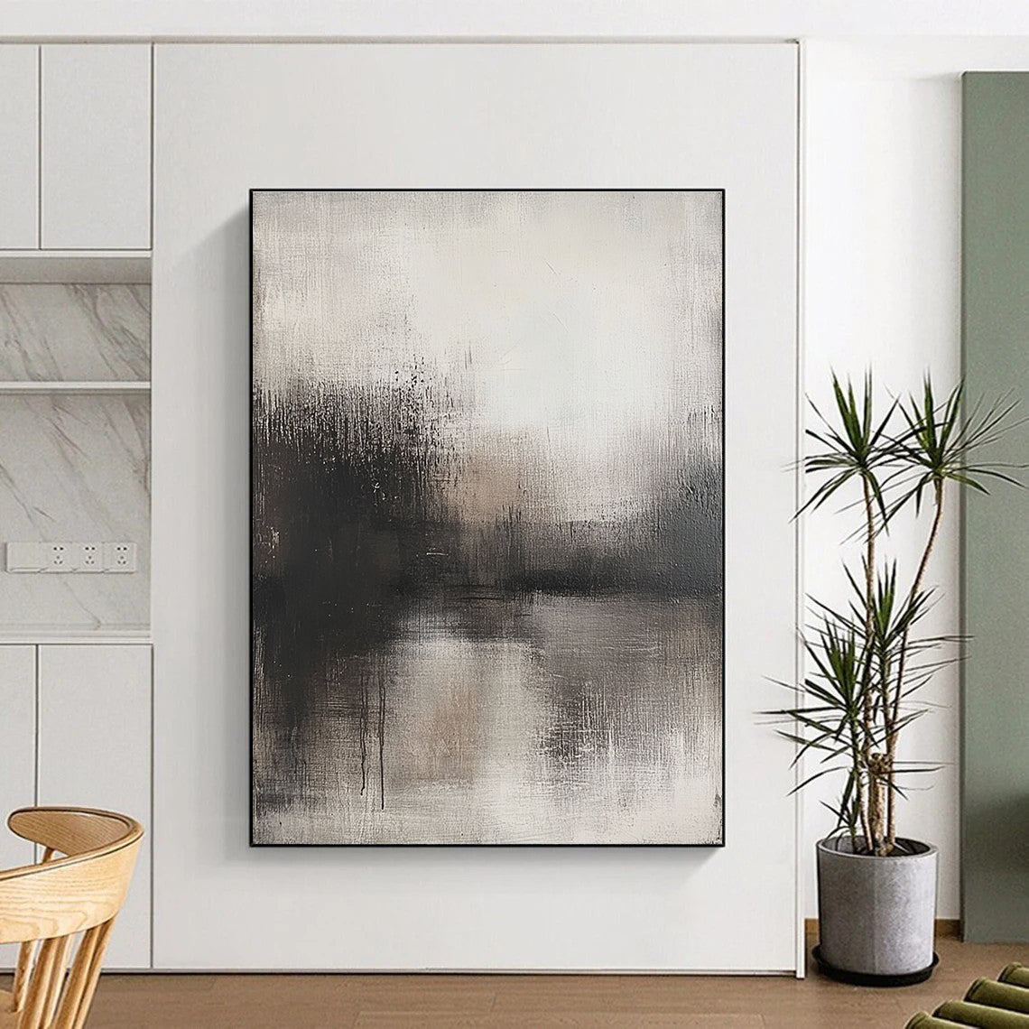 Large abstract painting with faded gray tones minimalist style and a weathered surface in a neutral color palette.STSC085