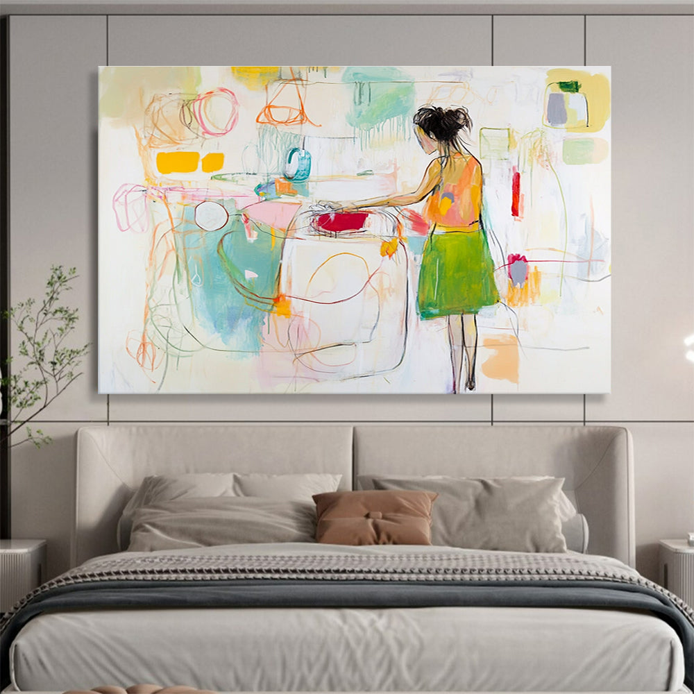 Large abstract painting of a woman doing laundry featuring loose gestural lines in white with vibrant yellow green red pink and blue accents.SC184