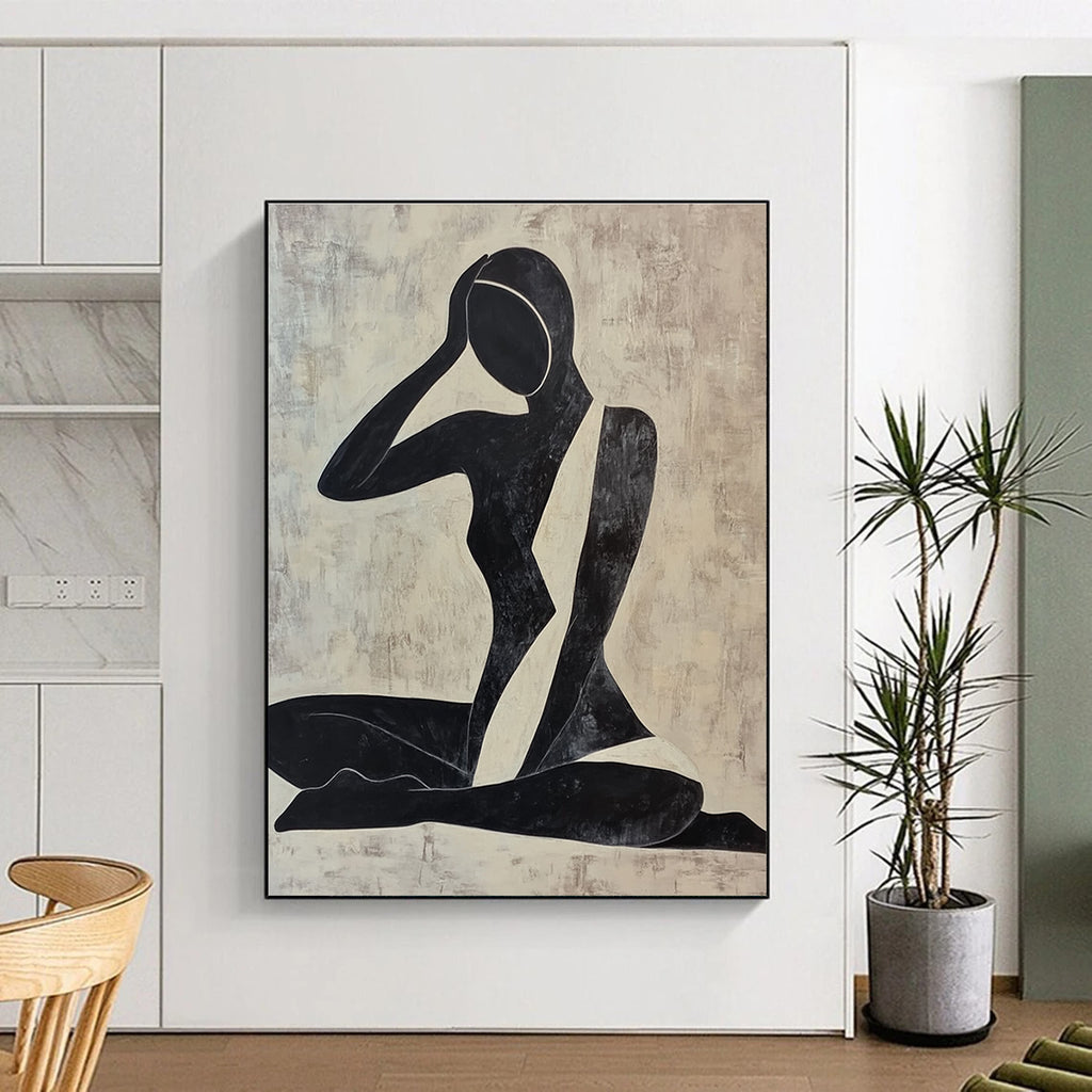 Large abstract painting of a woman doing yoga featuring simple shapes and lines in black and white against a dark clean background.STSC012