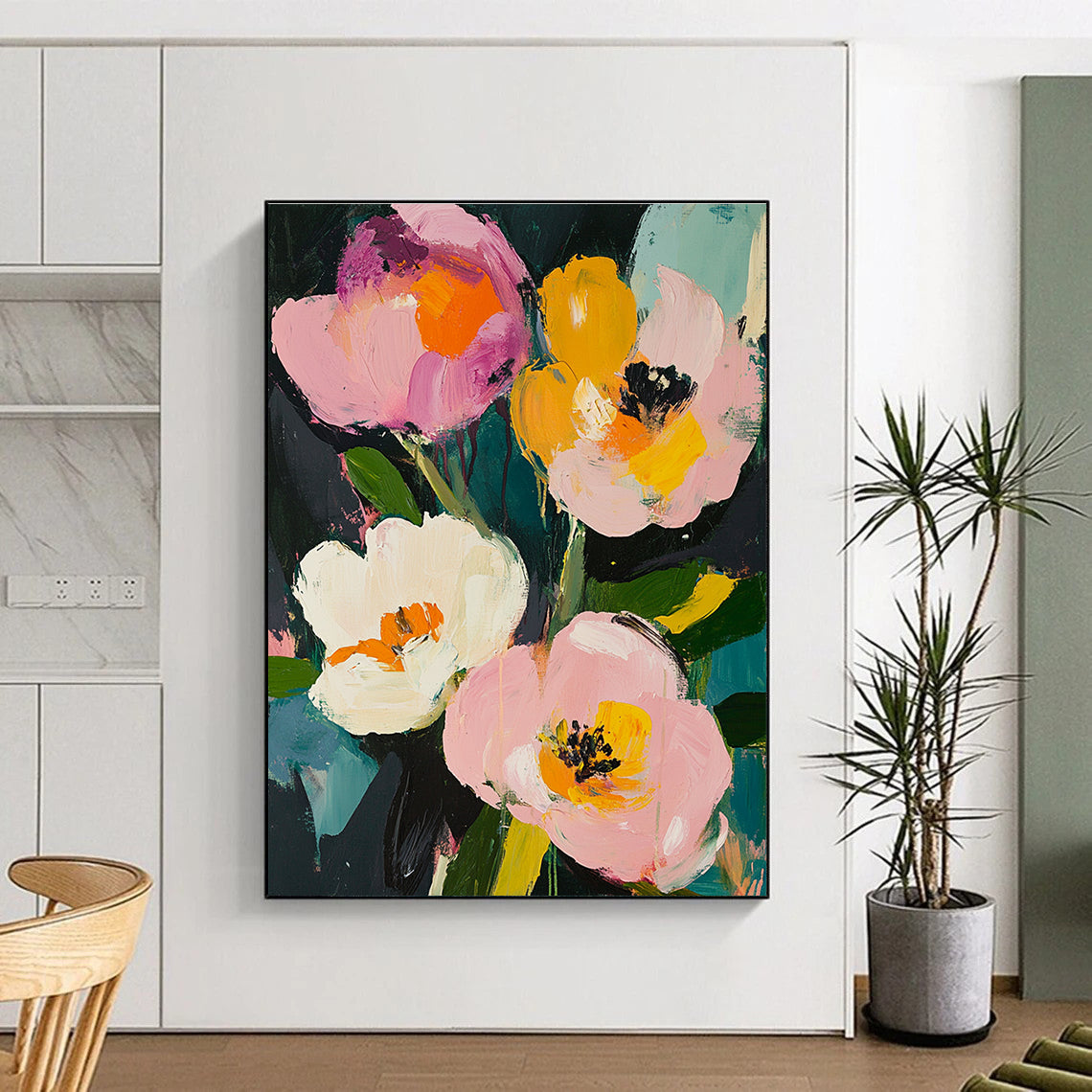Large abstract painting featuring pink roses and white peonies with loose brushwork in a vintage style and rich colors of greens yellows and blues.STSC057