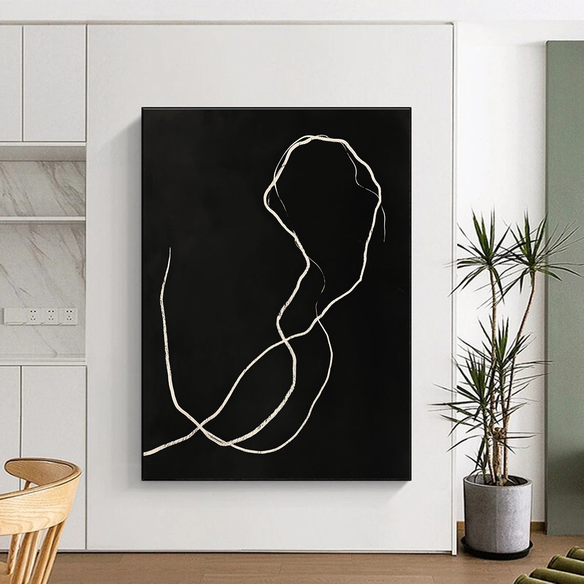 A large abstract drawing featuring white lines on a black background with elegant curves and delicate ink washes inspired by dark art style.STSC1189
