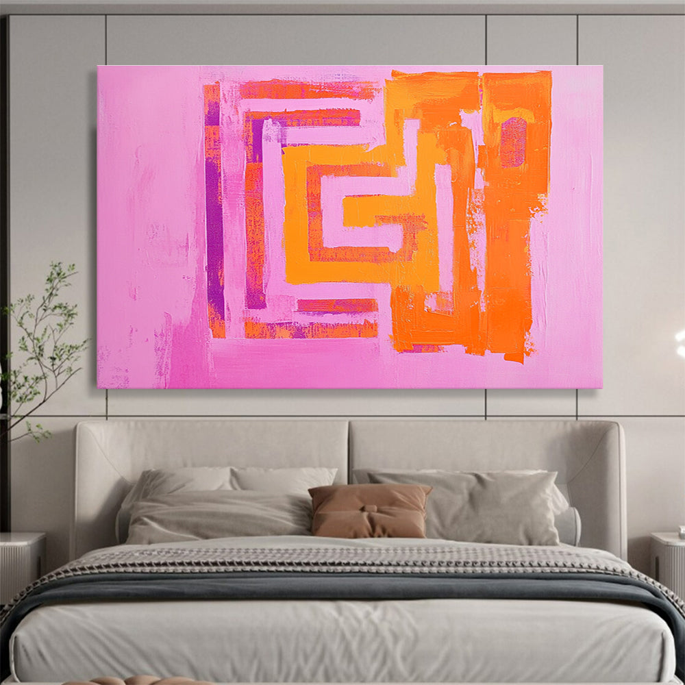Pink Background Geometric Abstract Painting with Orange and Purple Shapes DYP130