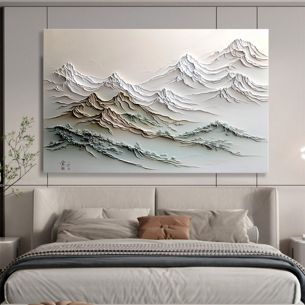 A large abstract painting featuring a stunning mountain range with intricate details and a soft color palette, evoking tranquility and majesty.SC557