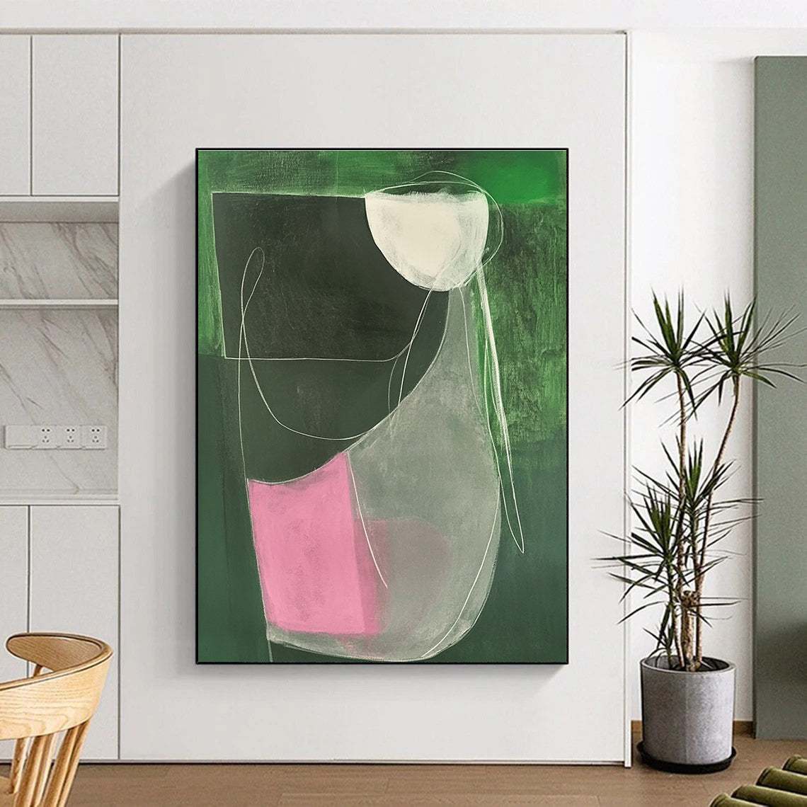 Large abstract painting featuring a female form in green and pink with minimalist white lines on dark grey canvas.STSC1297