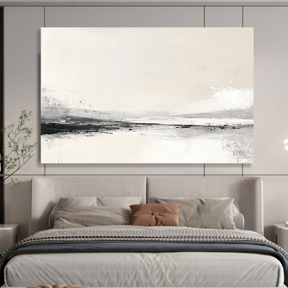 Large abstract painting inspired by the Arctic with neutral beige and grey tones creating a serene minimalist atmosphere.SC095