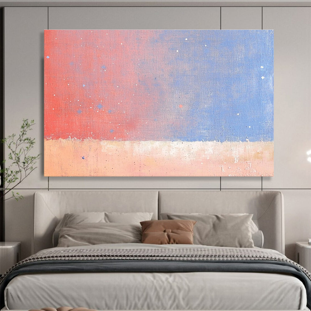 A large abstract painting depicting the sky and stars over an orange desert with soft pink and blue tones in a minimalist style.SC366
