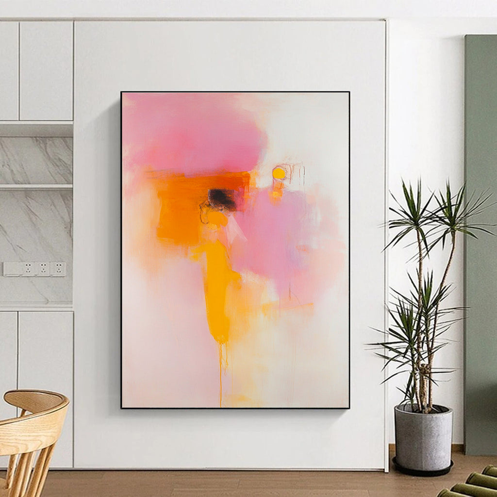 Large abstract painting featuring peach and pink hues with blurred forms and clear lines on a white background in soft orange yellow and red tones.STSC1409