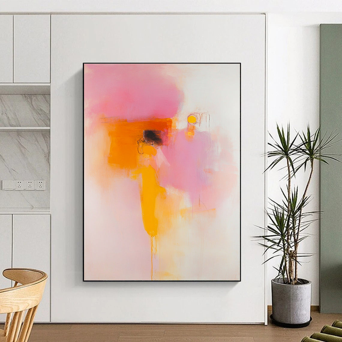 Large abstract painting featuring peach and pink hues with blurred forms and clear lines on a white background in soft orange yellow and red tones.STSC1409