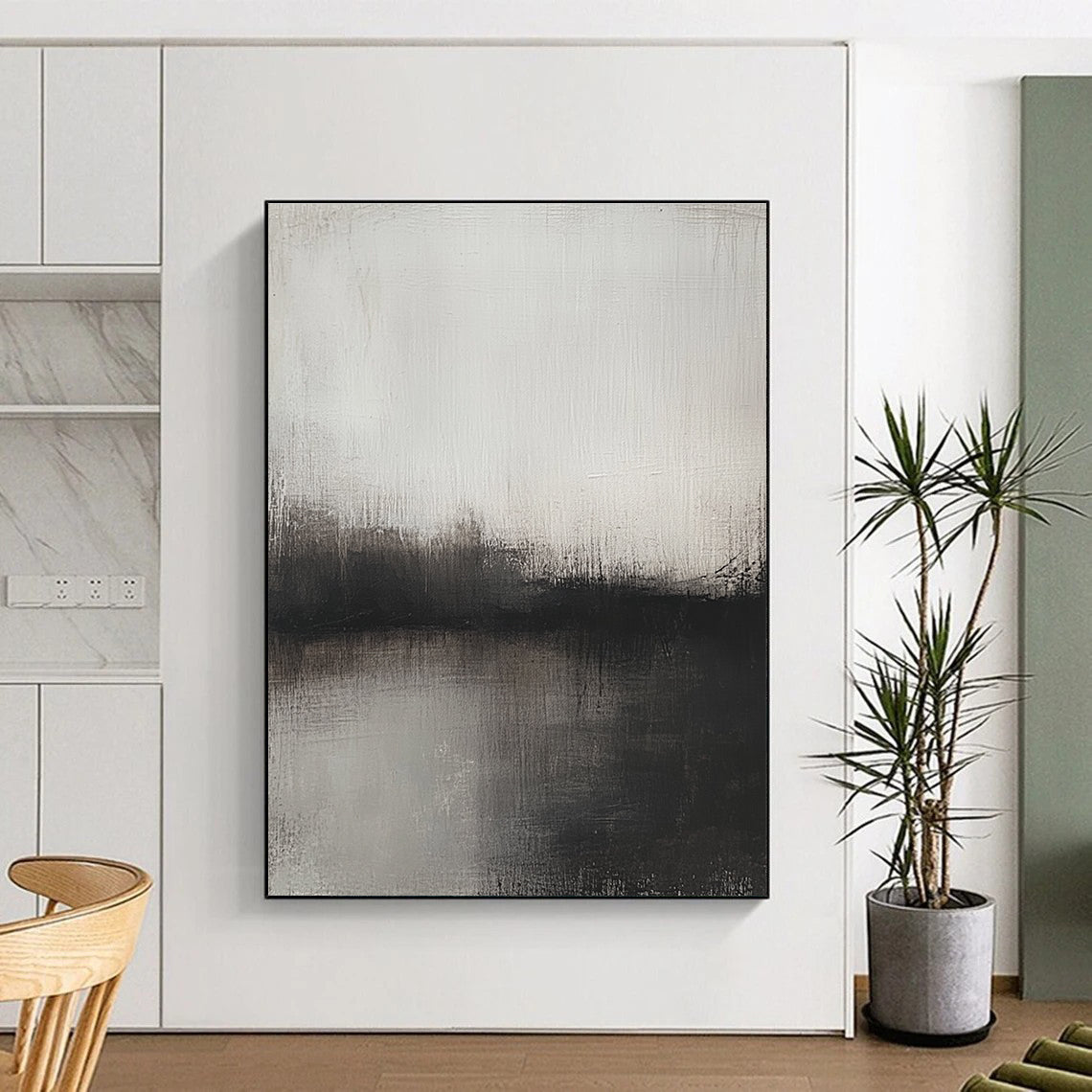 Big abstract painting featuring soft gray and brown tones depicting a blurred landscape at dusk evoking tranquility and serenity.STSC127