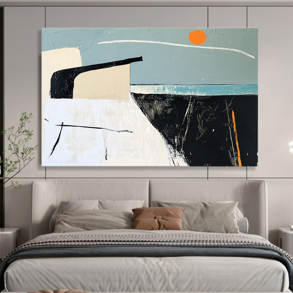A large abstract painting featuring sea-themed black and white lines, blue and gray blocks, orange accents, and a simple house silhouette against a clear sky.SC388