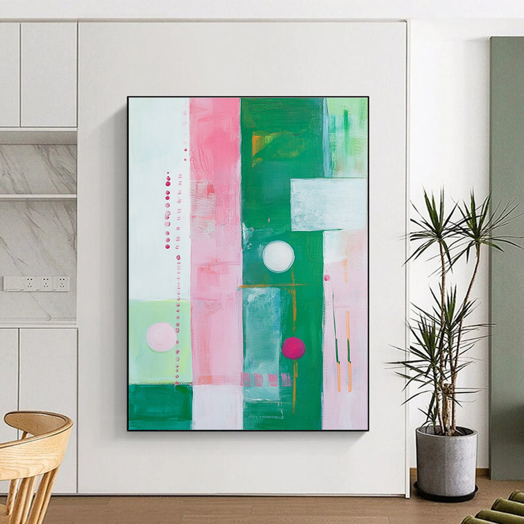 Large abstract painting featuring pink, green, and white stripes, circles, and squares inspired by Kathryn Statsny's style.STSC325