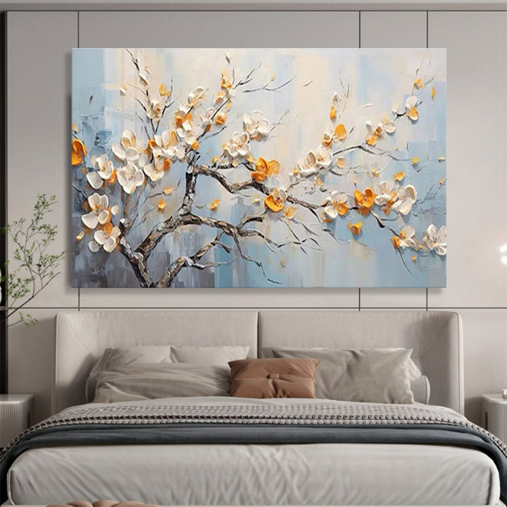 Flowering Tree Abstract Painting with White, Orange, and Blue Tones THY202