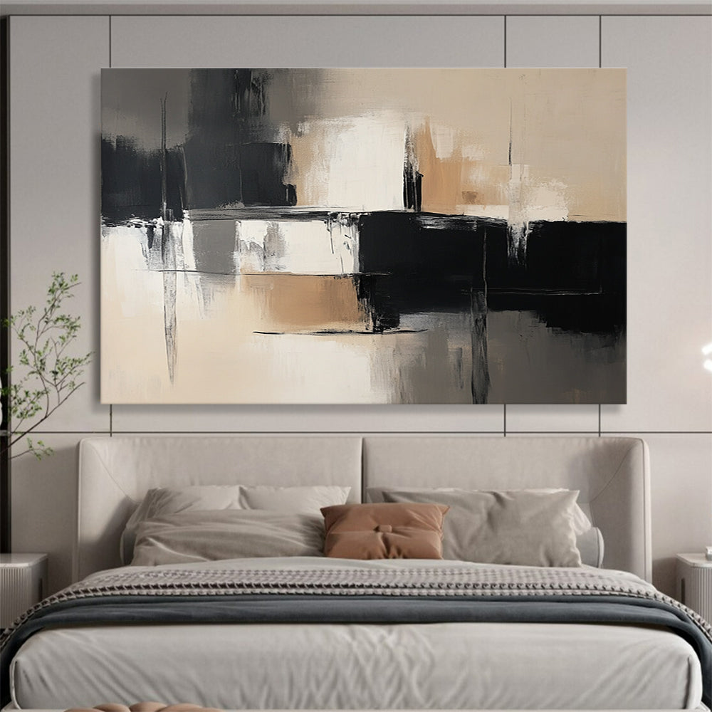 Abstract painting in black and white tones with beige accents showcasing simple lines, brushstrokes, and textured layers for harmonious light and shadow contrast.SC229