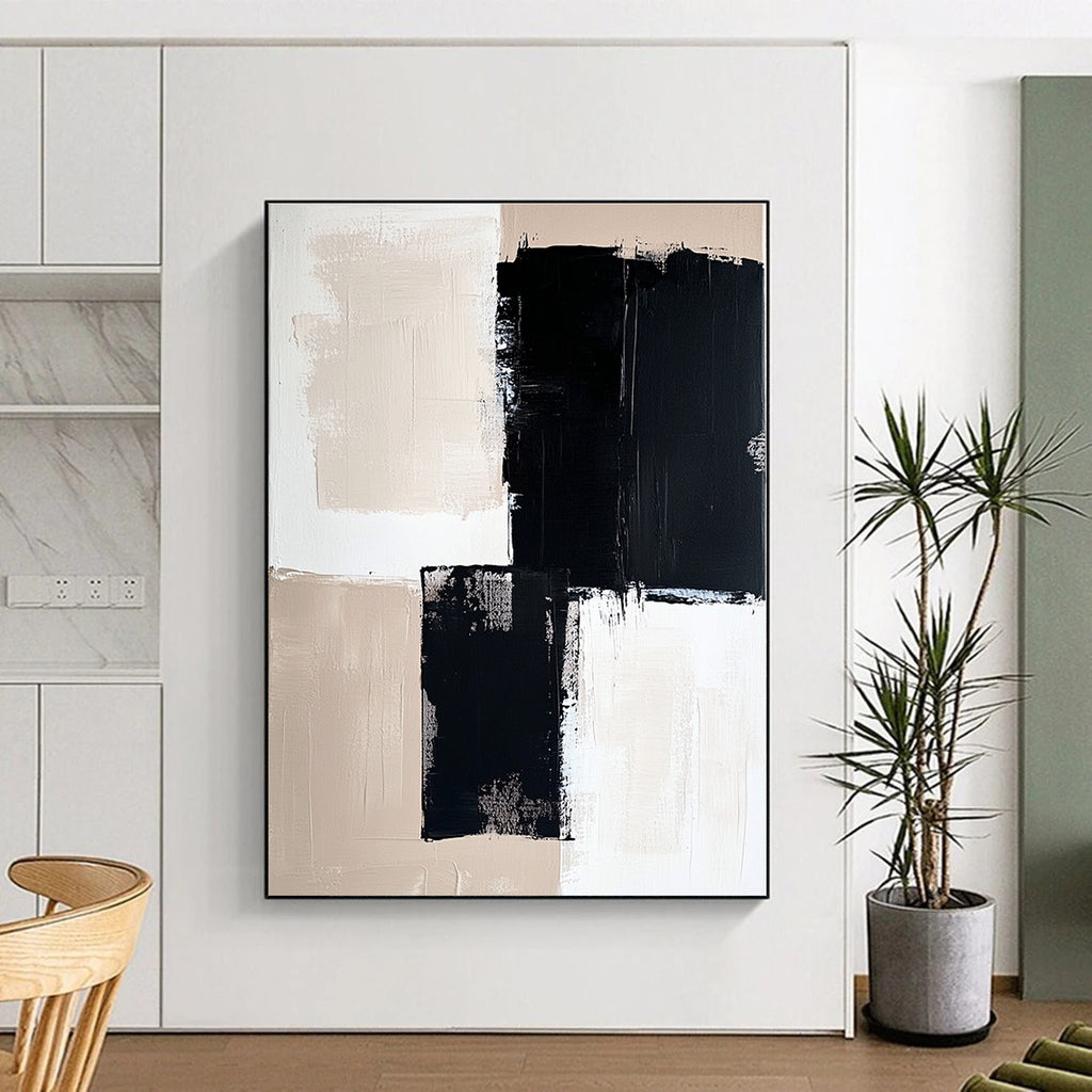 Black Beige and White Abstract Painting with Dynamic Brushstrokes GER503