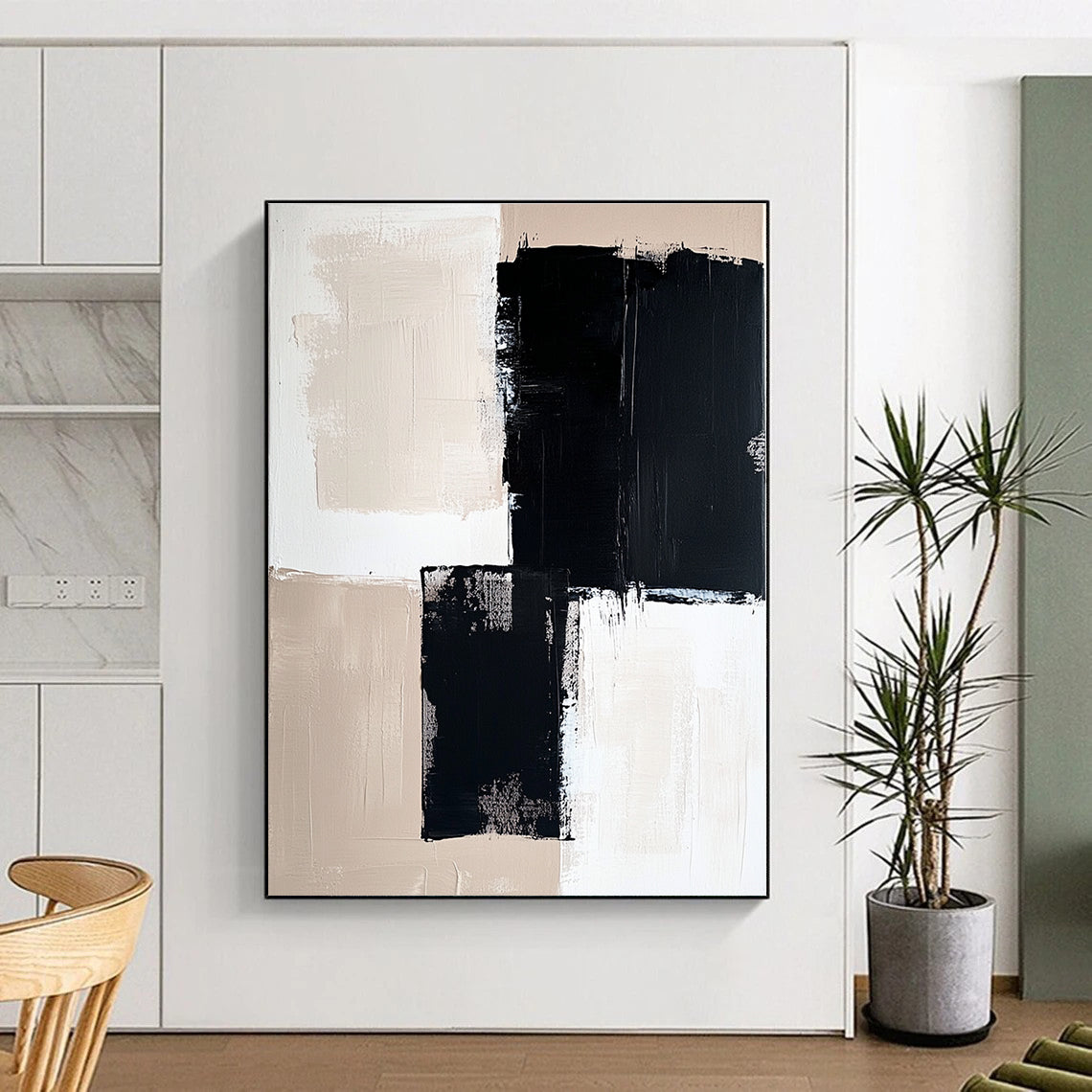 Black Beige and White Abstract Painting with Dynamic Brushstrokes GER503
