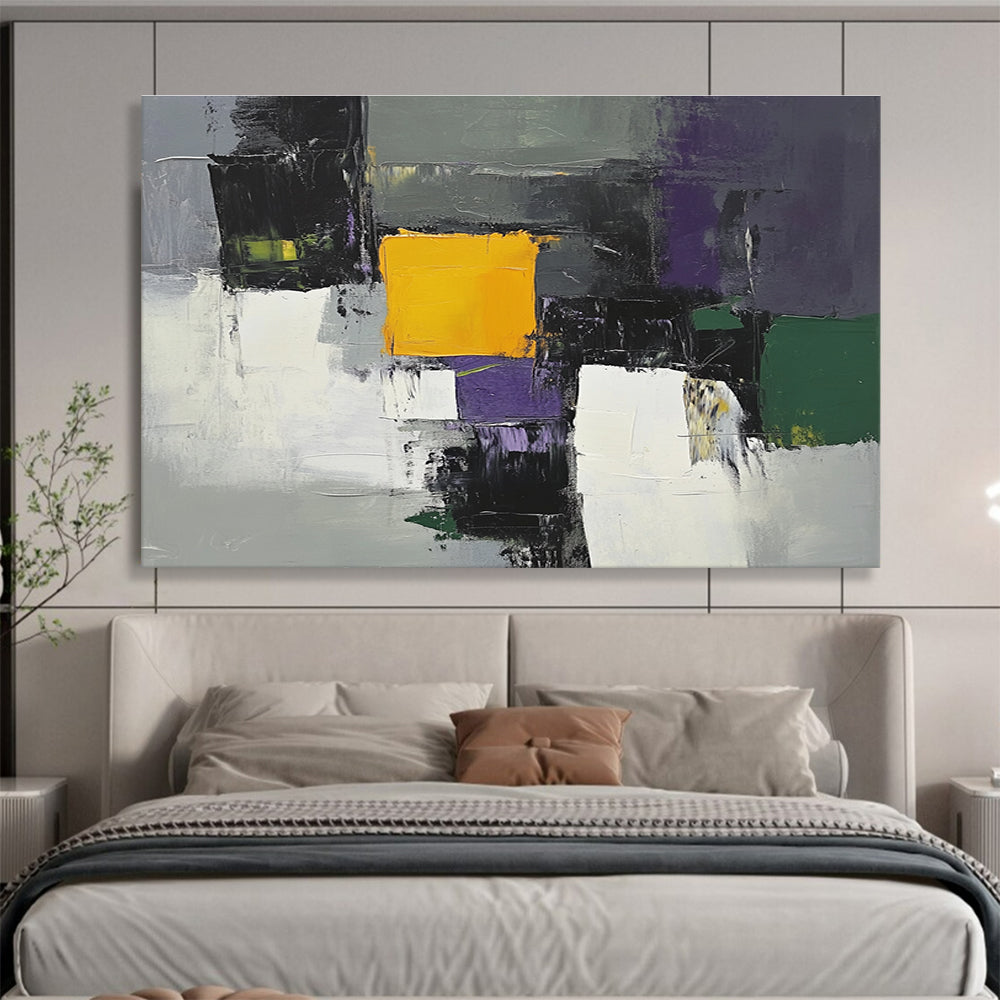 This large abstract painting features gray white and purple shapes with a central yellow square and green and olive accents using thick brush strokes.SC324