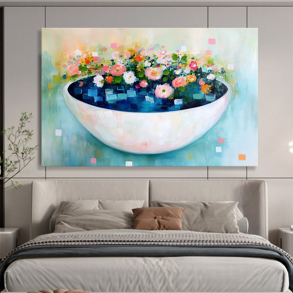 A large abstract painting featuring a bowl of blue water with flowers and leaves, adorned with pastel colors and delicate brush strokes for a whimsical touch.SC343