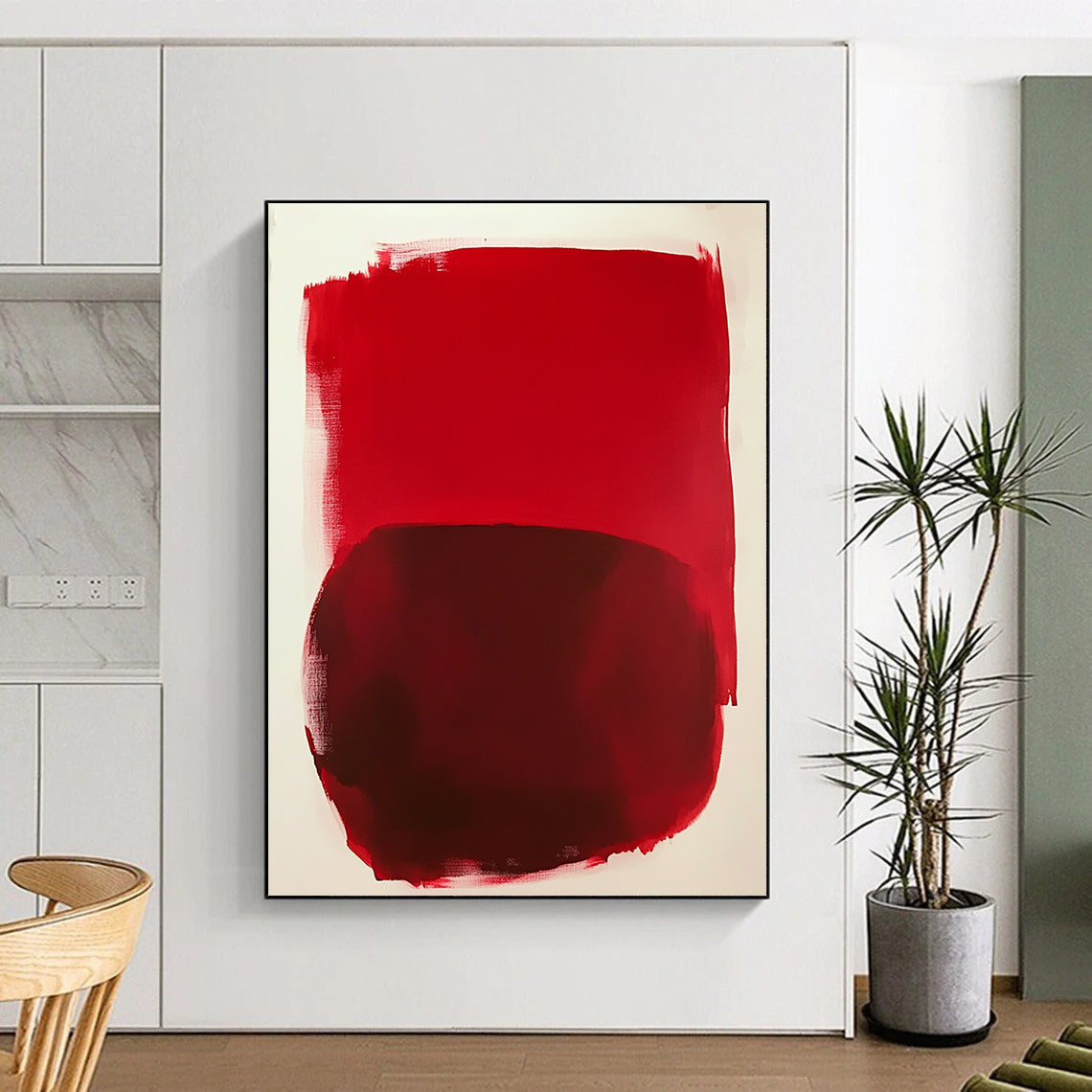 Large abstract painting featuring vibrant red shapes on a white background inspired by Mark Rothko's style.STSC1414