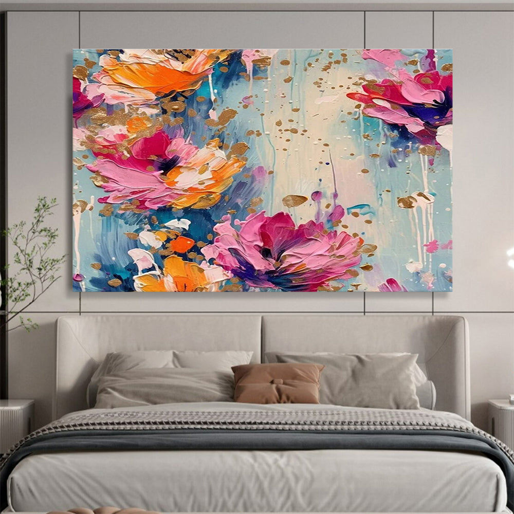 Gold - Speckled Floral Abstract Painting with Pink, Orange, and Blue Tones THY307