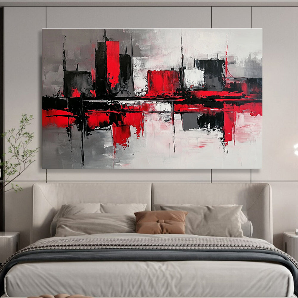 Abstract painting with gray and red color blocks depicting a minimalist urban street scene with reflective water surfaces and a mysterious atmosphere.SC239