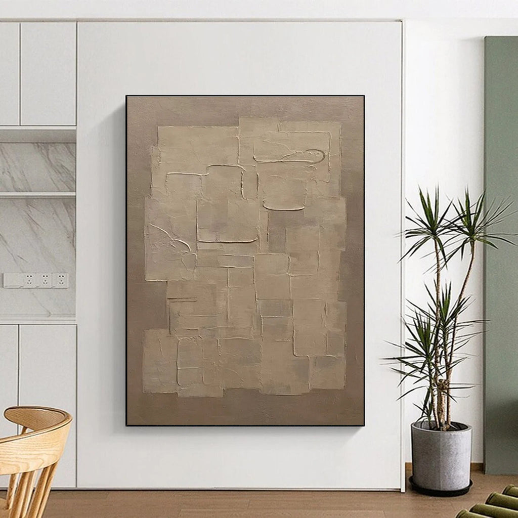 Beige Geometric Abstract Painting with Textured Squares ADGE490