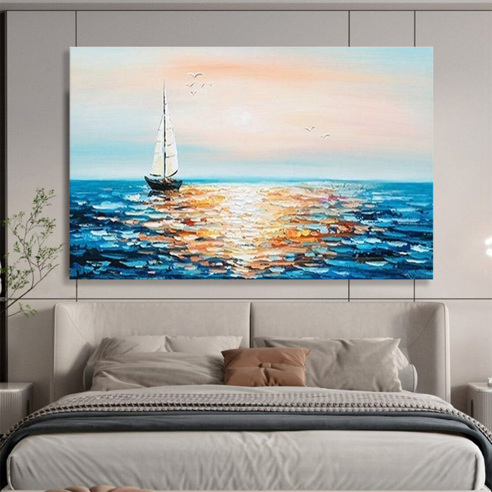 Sailboat Sunset Abstract Painting with Orange, Pink, and Blue Tones THY188