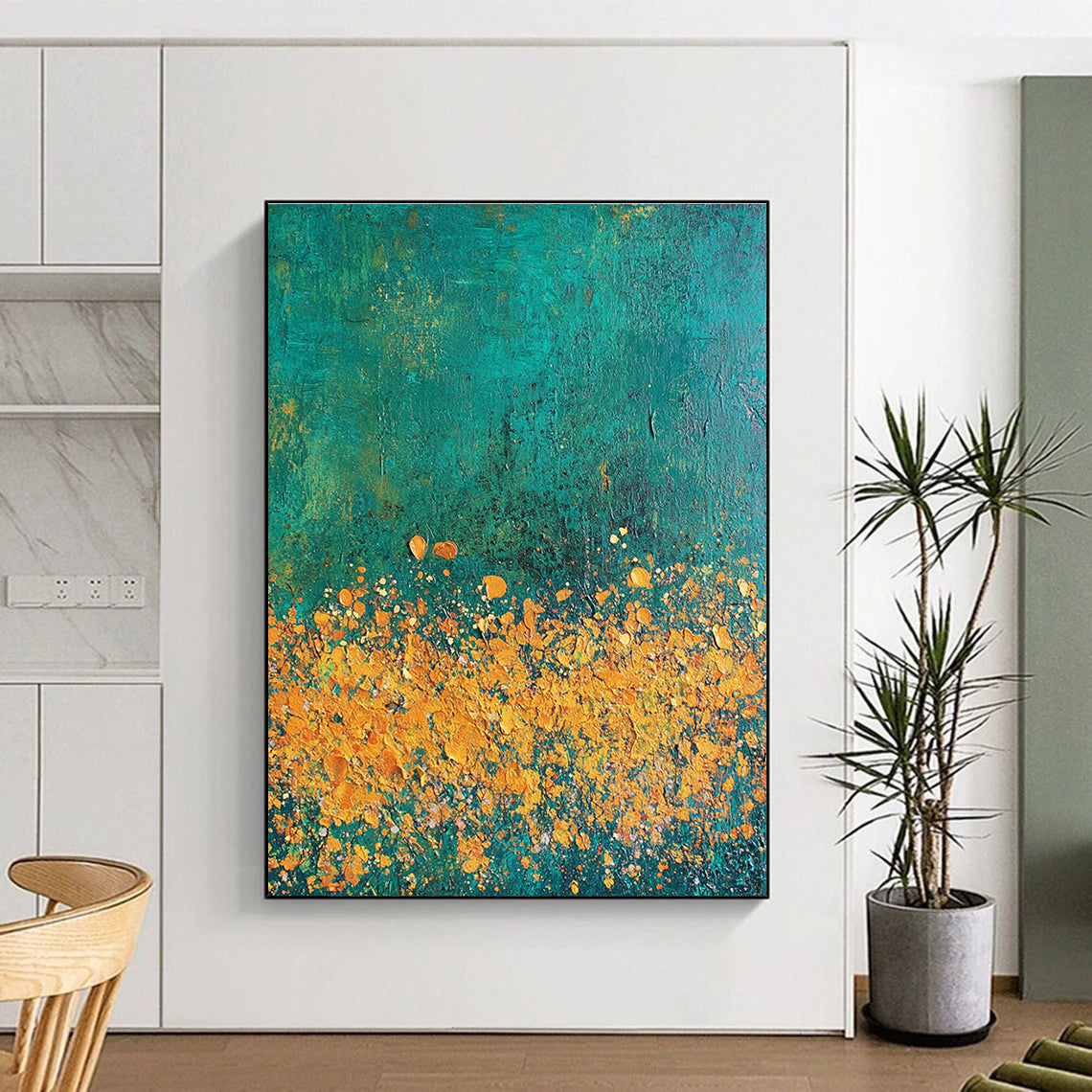 Abstract painting featuring textured strokes in teal gold and orange with a vibrant flower cluster against a dark green backdrop.STSC1110