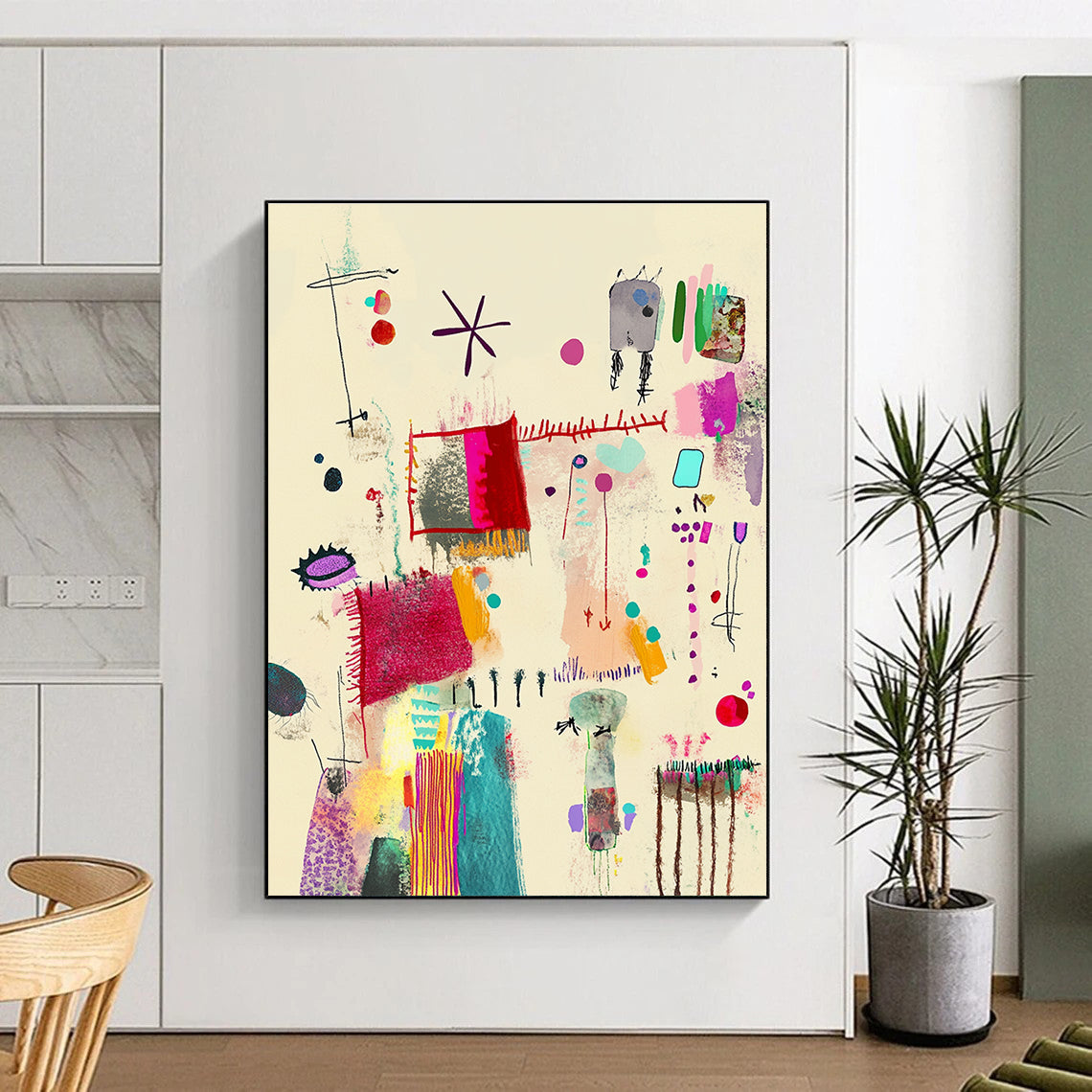 Large abstract painting featuring Mingei style with red lines colorful patterns and embroidered details on a light beige background.STSC1323