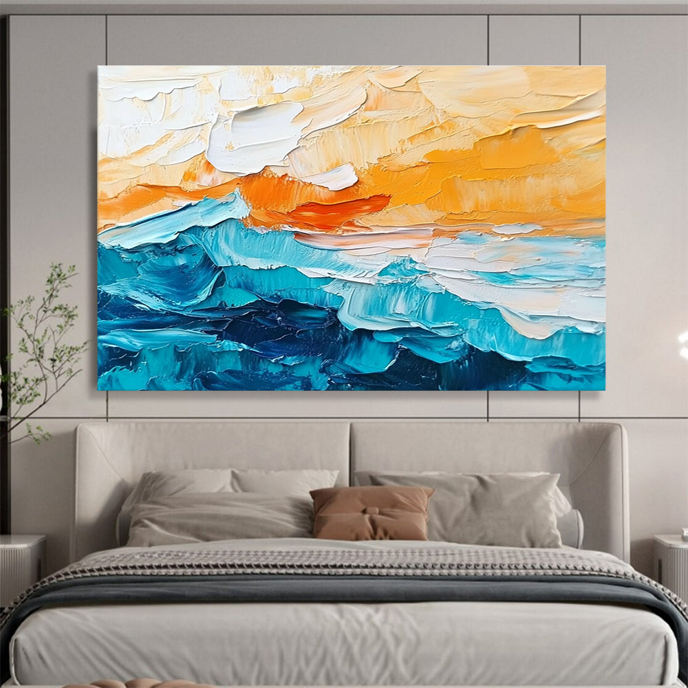 Textured Orange and Blue Waves Abstract Seascape Painting DYP291