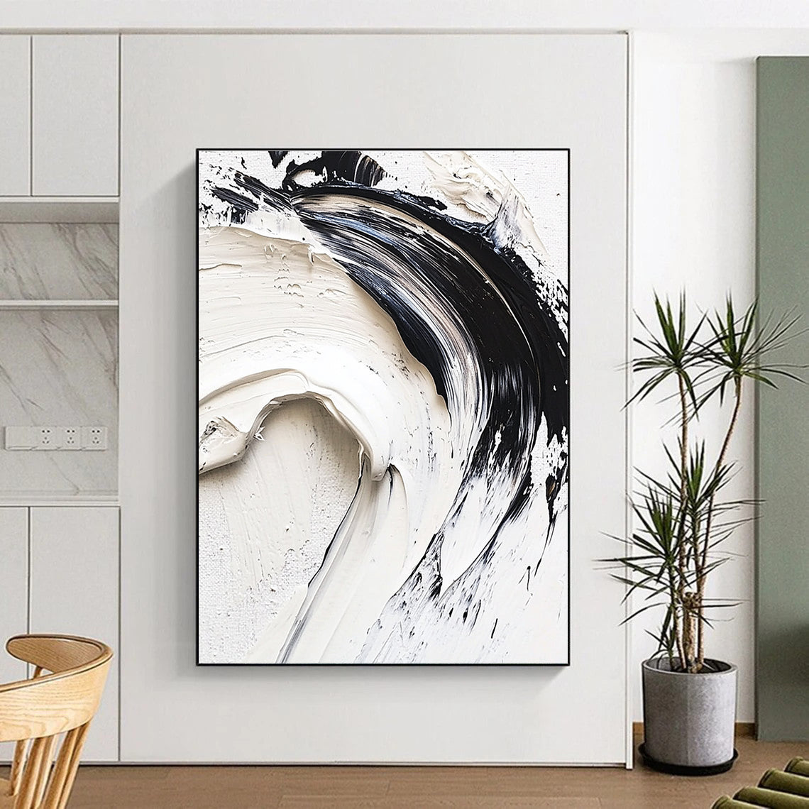 Black White Abstract Painting with Textured Swirls GER737
